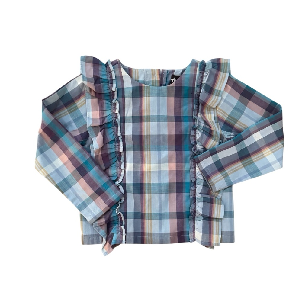 Tea Collection Plaid Ruffle Button Back Shirt Size 6 NWOT - Picture 1 of 8